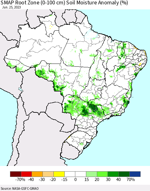 Brazil SMAP Root Zone (0-100 cm) Soil Moisture Anomaly (%) Thematic Map For 6/21/2023 - 6/25/2023