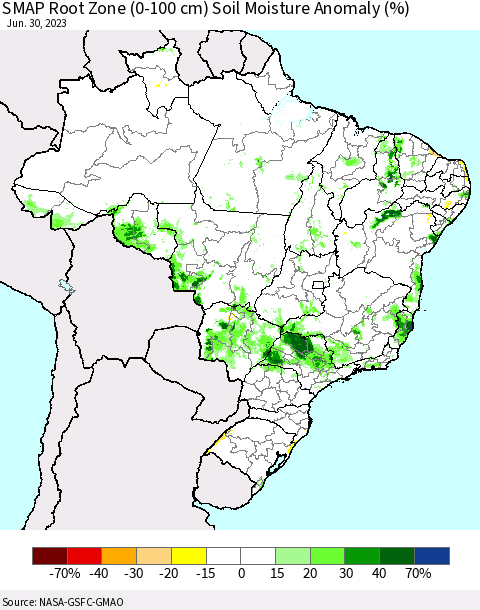 Brazil SMAP Root Zone (0-100 cm) Soil Moisture Anomaly (%) Thematic Map For 6/26/2023 - 6/30/2023