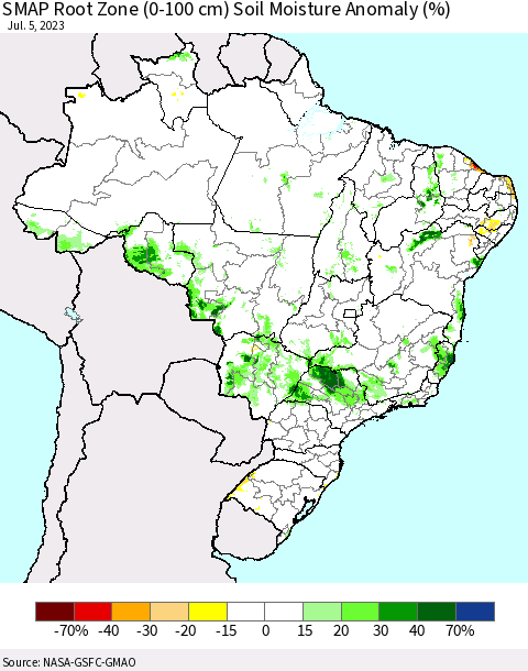 Brazil SMAP Root Zone (0-100 cm) Soil Moisture Anomaly (%) Thematic Map For 7/1/2023 - 7/5/2023