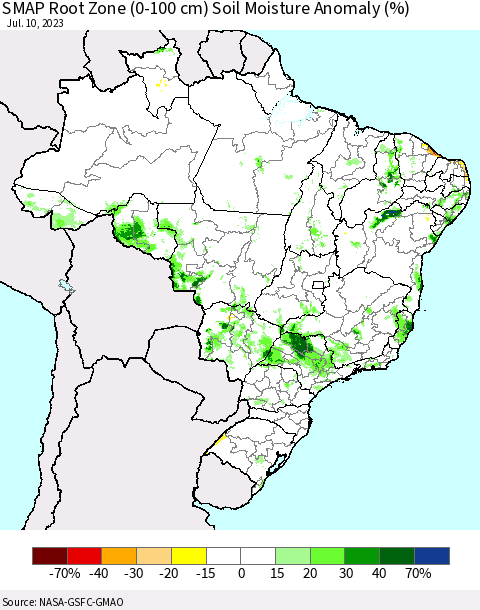 Brazil SMAP Root Zone (0-100 cm) Soil Moisture Anomaly (%) Thematic Map For 7/6/2023 - 7/10/2023