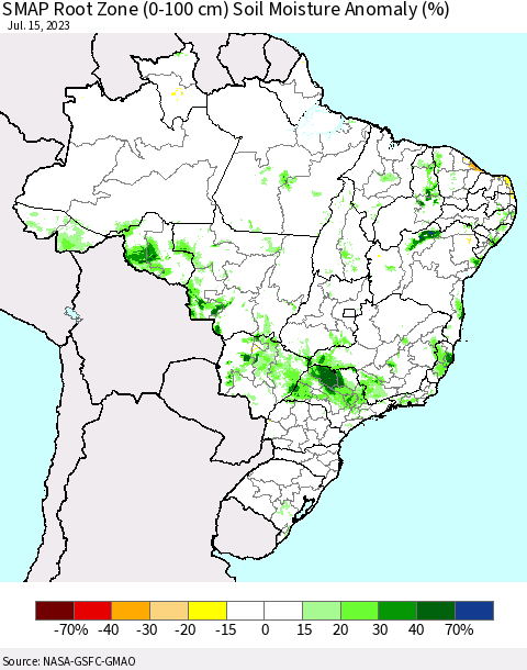Brazil SMAP Root Zone (0-100 cm) Soil Moisture Anomaly (%) Thematic Map For 7/11/2023 - 7/15/2023
