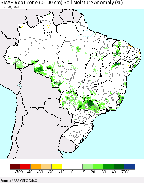 Brazil SMAP Root Zone (0-100 cm) Soil Moisture Anomaly (%) Thematic Map For 7/16/2023 - 7/20/2023