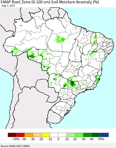 Brazil SMAP Root Zone (0-100 cm) Soil Moisture Anomaly (%) Thematic Map For 8/1/2023 - 8/5/2023