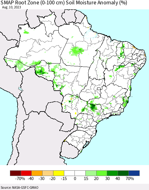 Brazil SMAP Root Zone (0-100 cm) Soil Moisture Anomaly (%) Thematic Map For 8/6/2023 - 8/10/2023