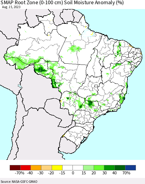 Brazil SMAP Root Zone (0-100 cm) Soil Moisture Anomaly (%) Thematic Map For 8/11/2023 - 8/15/2023