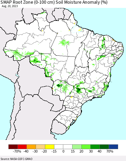 Brazil SMAP Root Zone (0-100 cm) Soil Moisture Anomaly (%) Thematic Map For 8/16/2023 - 8/20/2023