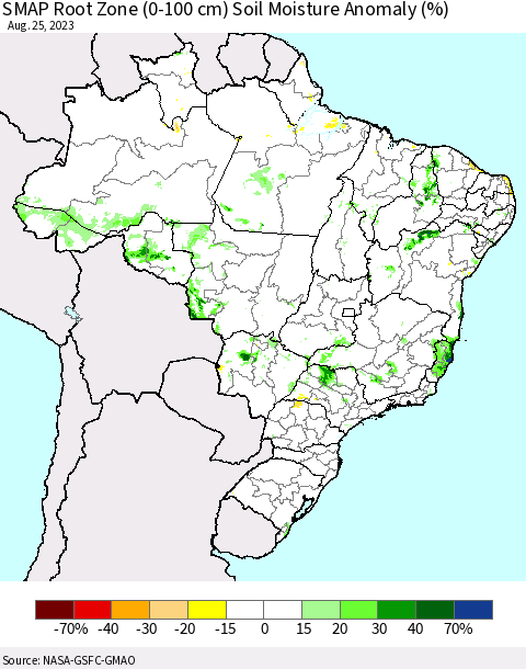 Brazil SMAP Root Zone (0-100 cm) Soil Moisture Anomaly (%) Thematic Map For 8/21/2023 - 8/25/2023