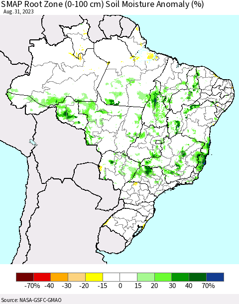 Brazil SMAP Root Zone (0-100 cm) Soil Moisture Anomaly (%) Thematic Map For 8/26/2023 - 8/31/2023