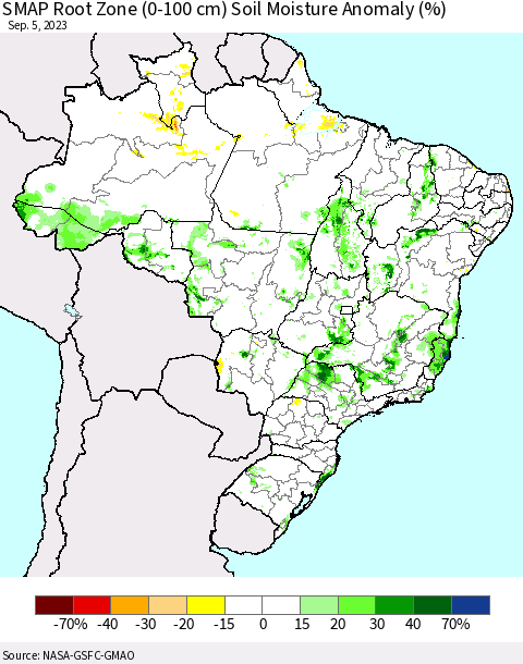 Brazil SMAP Root Zone (0-100 cm) Soil Moisture Anomaly (%) Thematic Map For 9/1/2023 - 9/5/2023