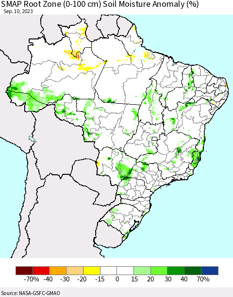 Brazil SMAP Root Zone (0-100 cm) Soil Moisture Anomaly (%) Thematic Map For 9/6/2023 - 9/10/2023