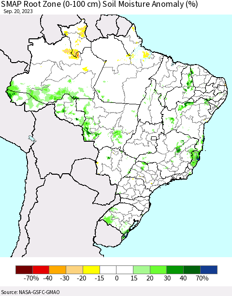 Brazil SMAP Root Zone (0-100 cm) Soil Moisture Anomaly (%) Thematic Map For 9/16/2023 - 9/20/2023