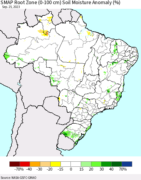 Brazil SMAP Root Zone (0-100 cm) Soil Moisture Anomaly (%) Thematic Map For 9/21/2023 - 9/25/2023