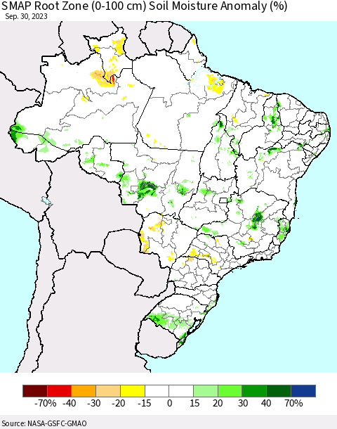 Brazil SMAP Root Zone (0-100 cm) Soil Moisture Anomaly (%) Thematic Map For 9/26/2023 - 9/30/2023