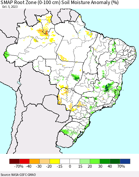 Brazil SMAP Root Zone (0-100 cm) Soil Moisture Anomaly (%) Thematic Map For 10/1/2023 - 10/5/2023