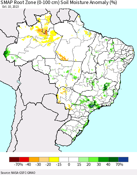 Brazil SMAP Root Zone (0-100 cm) Soil Moisture Anomaly (%) Thematic Map For 10/6/2023 - 10/10/2023