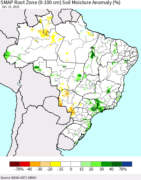 Brazil SMAP Root Zone (0-100 cm) Soil Moisture Anomaly (%) Thematic Map For 10/11/2023 - 10/15/2023