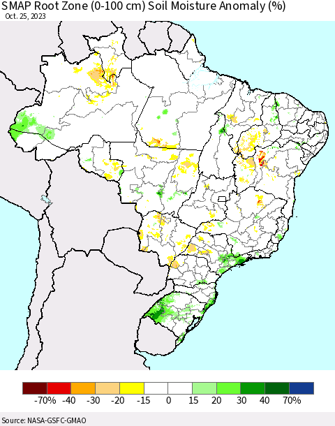 Brazil SMAP Root Zone (0-100 cm) Soil Moisture Anomaly (%) Thematic Map For 10/21/2023 - 10/25/2023