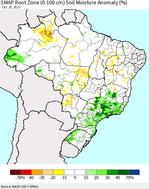 Brazil SMAP Root Zone (0-100 cm) Soil Moisture Anomaly (%) Thematic Map For 10/26/2023 - 10/31/2023