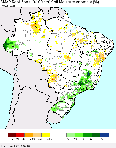 Brazil SMAP Root Zone (0-100 cm) Soil Moisture Anomaly (%) Thematic Map For 11/1/2023 - 11/5/2023
