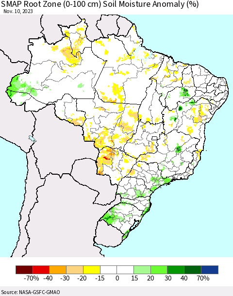 Brazil SMAP Root Zone (0-100 cm) Soil Moisture Anomaly (%) Thematic Map For 11/6/2023 - 11/10/2023