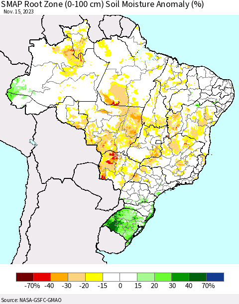 Brazil SMAP Root Zone (0-100 cm) Soil Moisture Anomaly (%) Thematic Map For 11/11/2023 - 11/15/2023