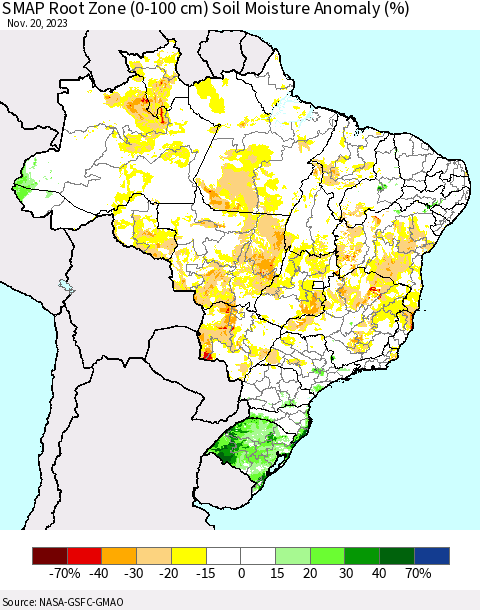 Brazil SMAP Root Zone (0-100 cm) Soil Moisture Anomaly (%) Thematic Map For 11/16/2023 - 11/20/2023
