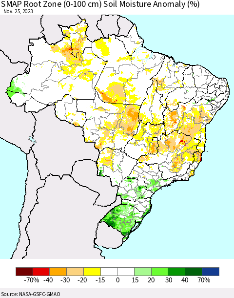 Brazil SMAP Root Zone (0-100 cm) Soil Moisture Anomaly (%) Thematic Map For 11/21/2023 - 11/25/2023