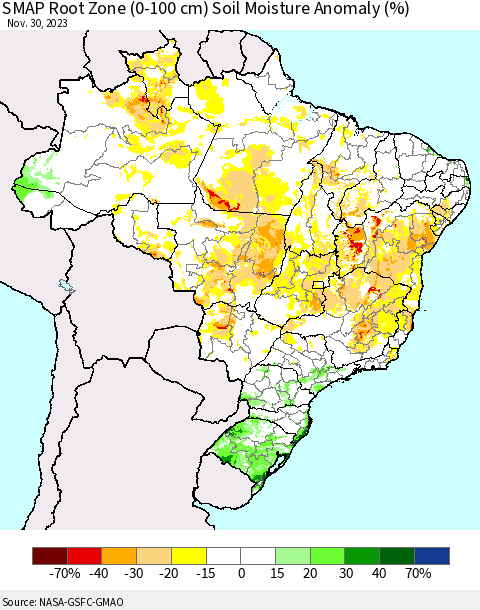 Brazil SMAP Root Zone (0-100 cm) Soil Moisture Anomaly (%) Thematic Map For 11/26/2023 - 11/30/2023