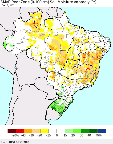 Brazil SMAP Root Zone (0-100 cm) Soil Moisture Anomaly (%) Thematic Map For 12/1/2023 - 12/5/2023