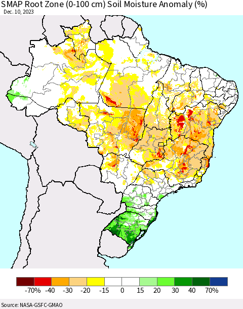 Brazil SMAP Root Zone (0-100 cm) Soil Moisture Anomaly (%) Thematic Map For 12/6/2023 - 12/10/2023