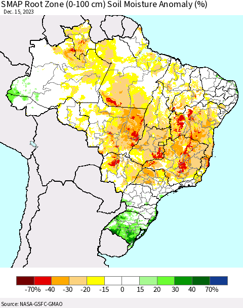 Brazil SMAP Root Zone (0-100 cm) Soil Moisture Anomaly (%) Thematic Map For 12/11/2023 - 12/15/2023