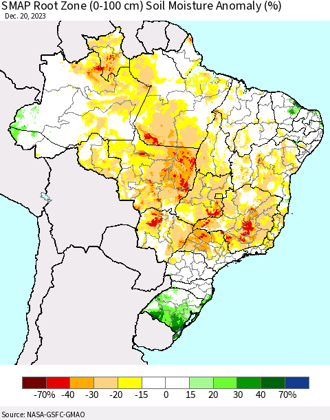 Brazil SMAP Root Zone (0-100 cm) Soil Moisture Anomaly (%) Thematic Map For 12/16/2023 - 12/20/2023