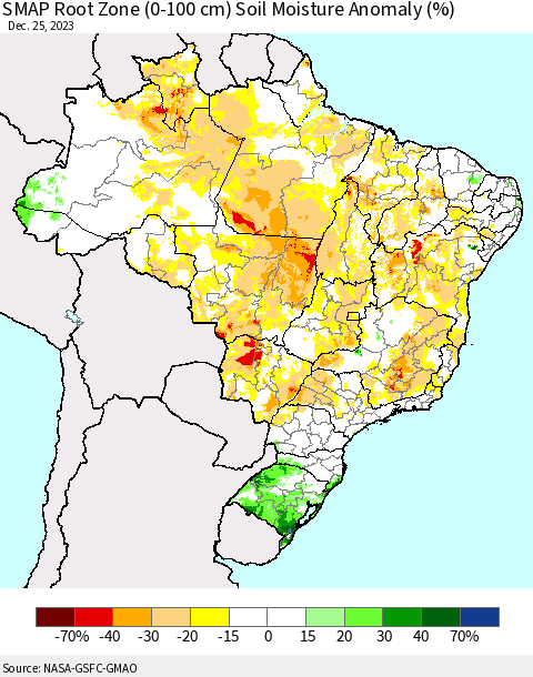 Brazil SMAP Root Zone (0-100 cm) Soil Moisture Anomaly (%) Thematic Map For 12/21/2023 - 12/25/2023
