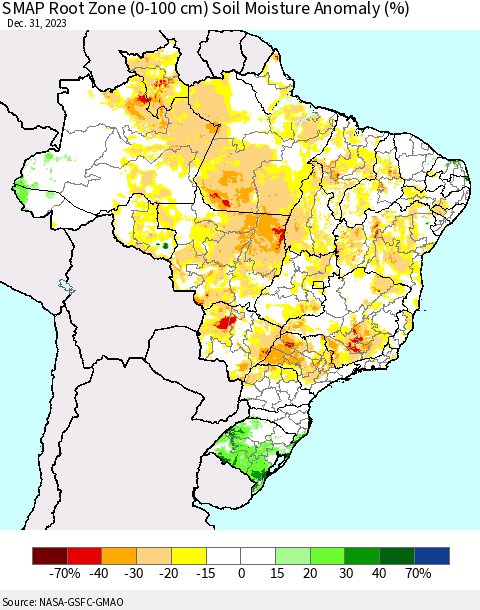 Brazil SMAP Root Zone (0-100 cm) Soil Moisture Anomaly (%) Thematic Map For 12/26/2023 - 12/31/2023