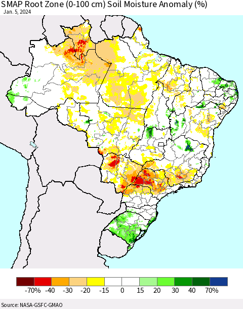 Brazil SMAP Root Zone (0-100 cm) Soil Moisture Anomaly (%) Thematic Map For 1/1/2024 - 1/5/2024