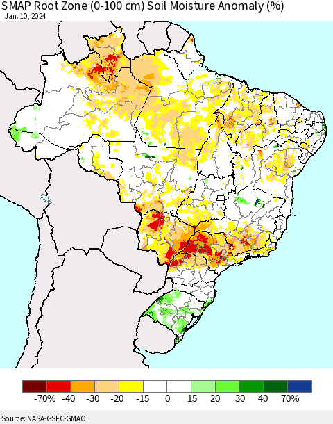Brazil SMAP Root Zone (0-100 cm) Soil Moisture Anomaly (%) Thematic Map For 1/6/2024 - 1/10/2024