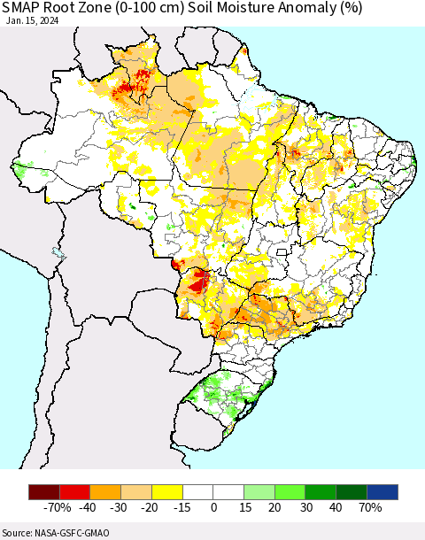 Brazil SMAP Root Zone (0-100 cm) Soil Moisture Anomaly (%) Thematic Map For 1/11/2024 - 1/15/2024