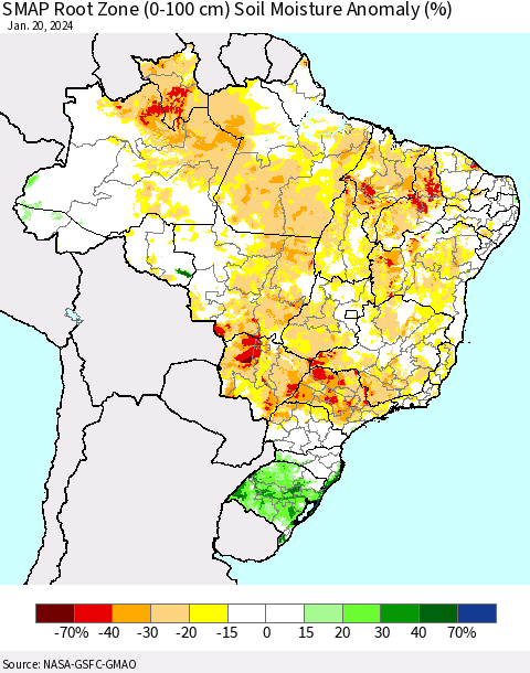 Brazil SMAP Root Zone (0-100 cm) Soil Moisture Anomaly (%) Thematic Map For 1/16/2024 - 1/20/2024