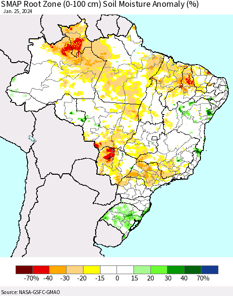 Brazil SMAP Root Zone (0-100 cm) Soil Moisture Anomaly (%) Thematic Map For 1/21/2024 - 1/25/2024