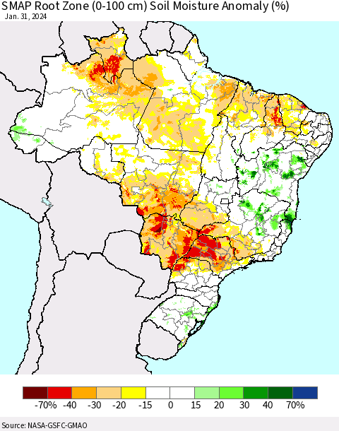 Brazil SMAP Root Zone (0-100 cm) Soil Moisture Anomaly (%) Thematic Map For 1/26/2024 - 1/31/2024