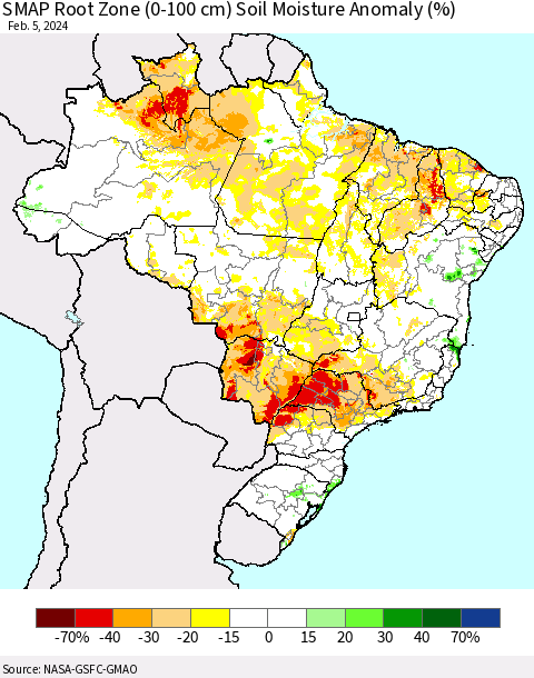 Brazil SMAP Root Zone (0-100 cm) Soil Moisture Anomaly (%) Thematic Map For 2/1/2024 - 2/5/2024