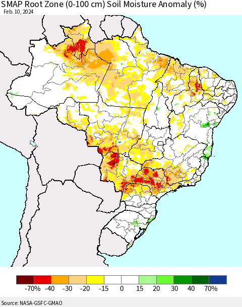 Brazil SMAP Root Zone (0-100 cm) Soil Moisture Anomaly (%) Thematic Map For 2/6/2024 - 2/10/2024