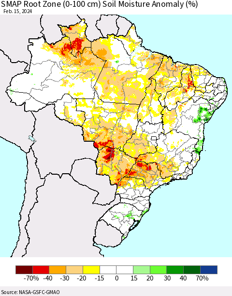 Brazil SMAP Root Zone (0-100 cm) Soil Moisture Anomaly (%) Thematic Map For 2/11/2024 - 2/15/2024