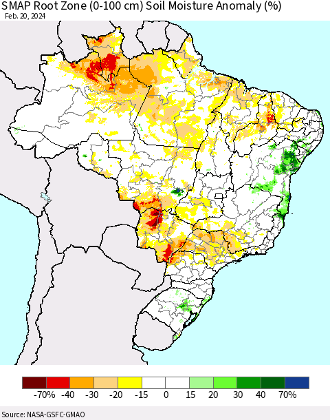 Brazil SMAP Root Zone (0-100 cm) Soil Moisture Anomaly (%) Thematic Map For 2/16/2024 - 2/20/2024