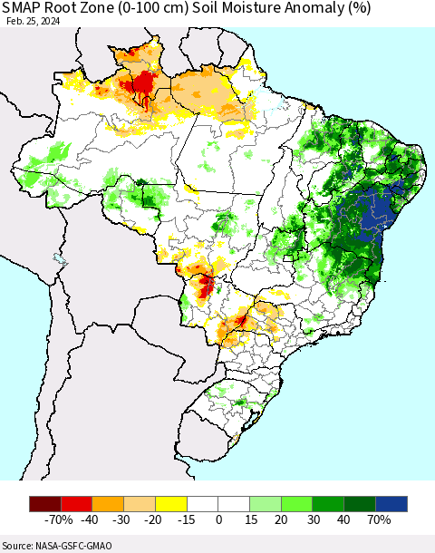 Brazil SMAP Root Zone (0-100 cm) Soil Moisture Anomaly (%) Thematic Map For 2/21/2024 - 2/25/2024