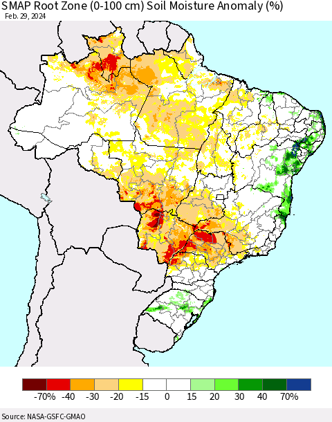 Brazil SMAP Root Zone (0-100 cm) Soil Moisture Anomaly (%) Thematic Map For 2/26/2024 - 2/29/2024