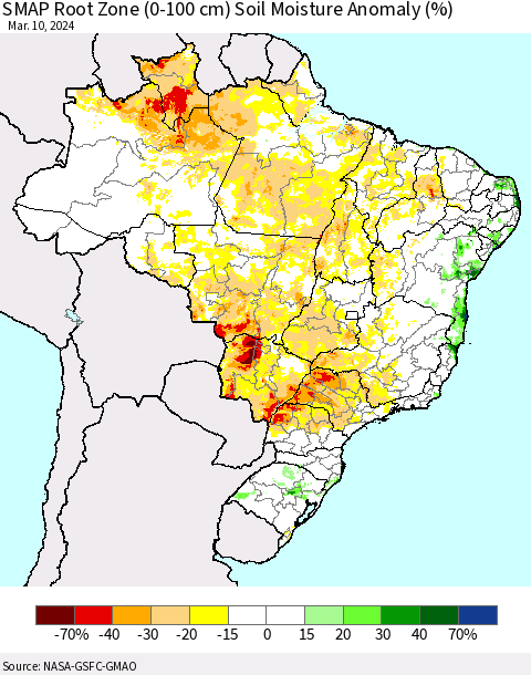 Brazil SMAP Root Zone (0-100 cm) Soil Moisture Anomaly (%) Thematic Map For 3/6/2024 - 3/10/2024