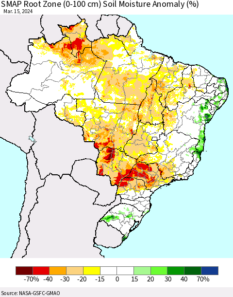 Brazil SMAP Root Zone (0-100 cm) Soil Moisture Anomaly (%) Thematic Map For 3/11/2024 - 3/15/2024