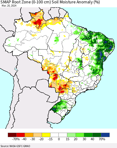 Brazil SMAP Root Zone (0-100 cm) Soil Moisture Anomaly (%) Thematic Map For 3/16/2024 - 3/20/2024