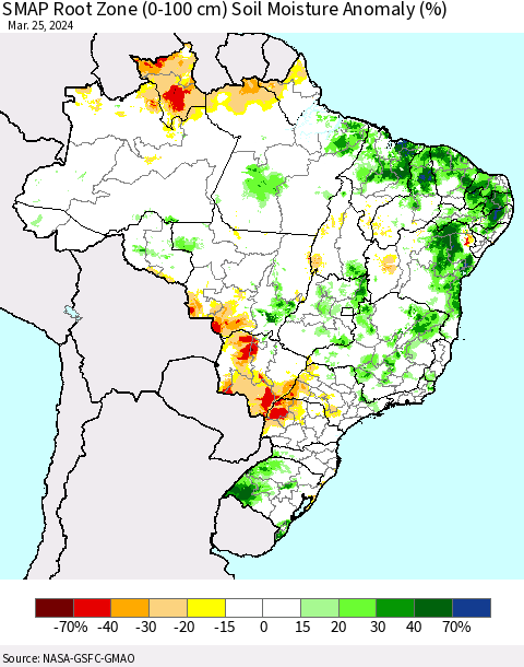 Brazil SMAP Root Zone (0-100 cm) Soil Moisture Anomaly (%) Thematic Map For 3/21/2024 - 3/25/2024
